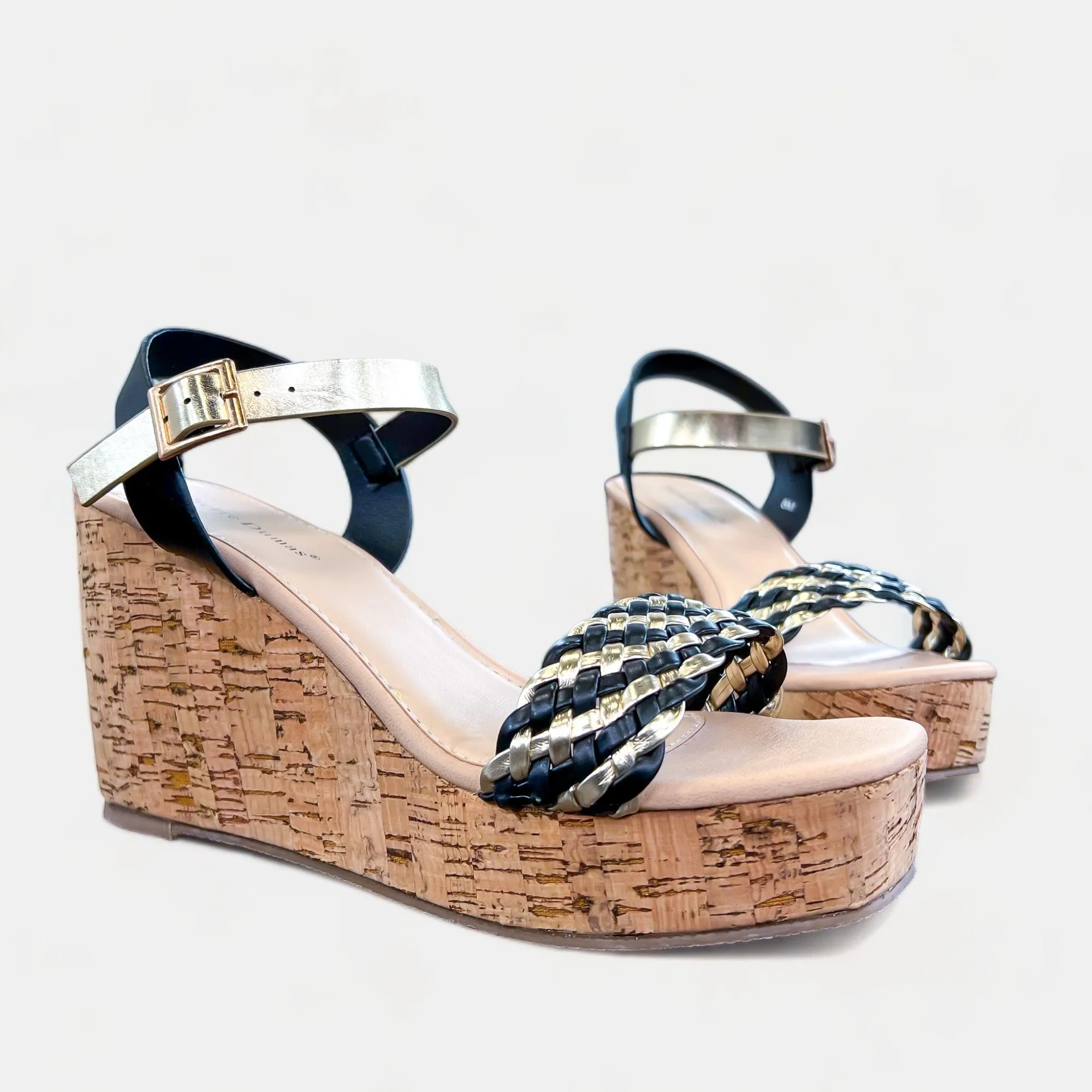 Black & Gold Braided Cork Wedge Sandals