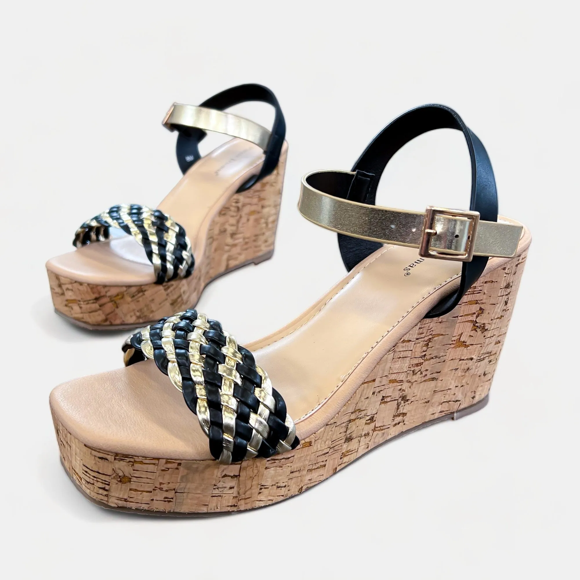 Black & Gold Braided Cork Wedge Sandals