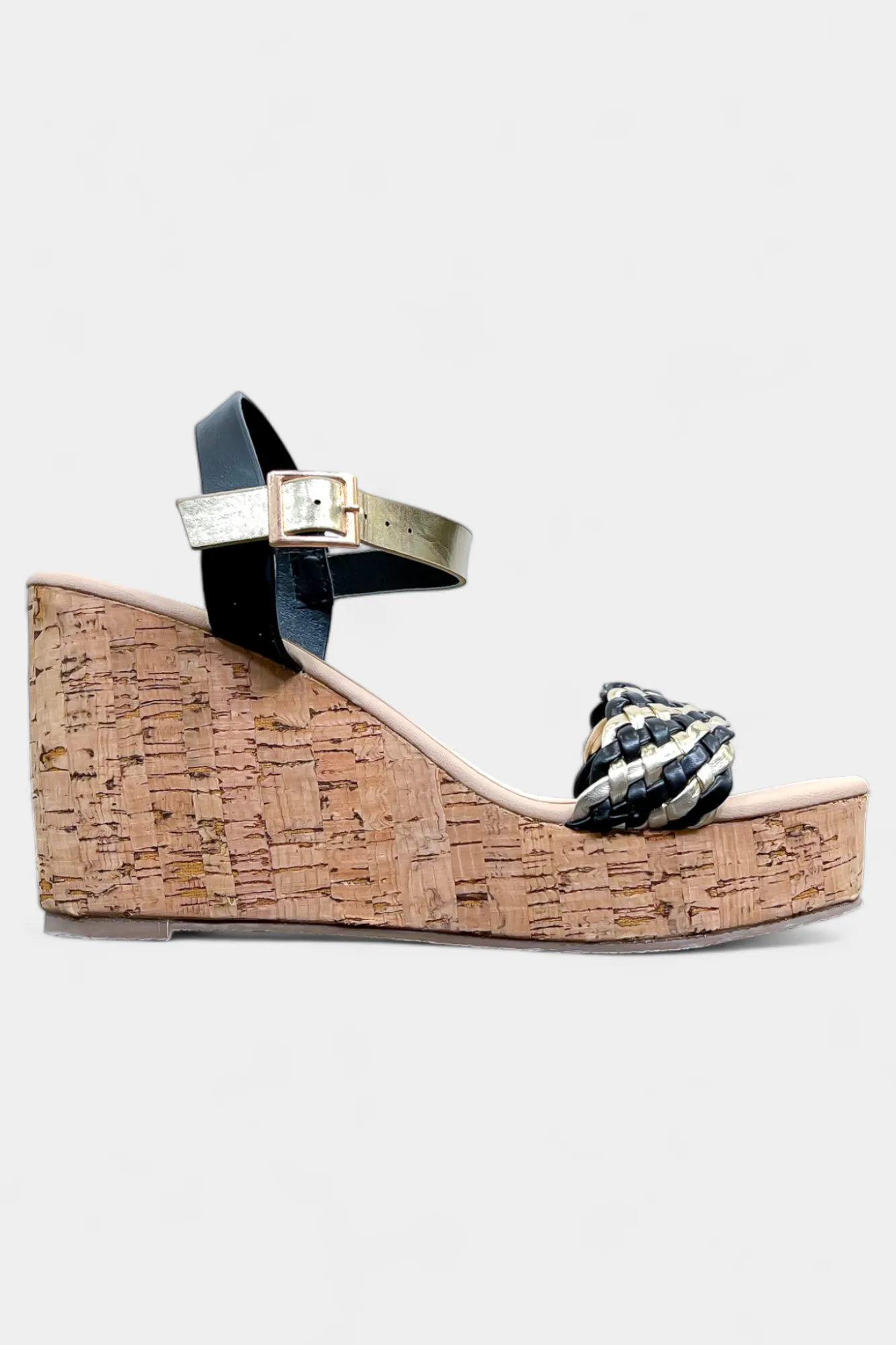 Black & Gold Braided Cork Wedge Sandals