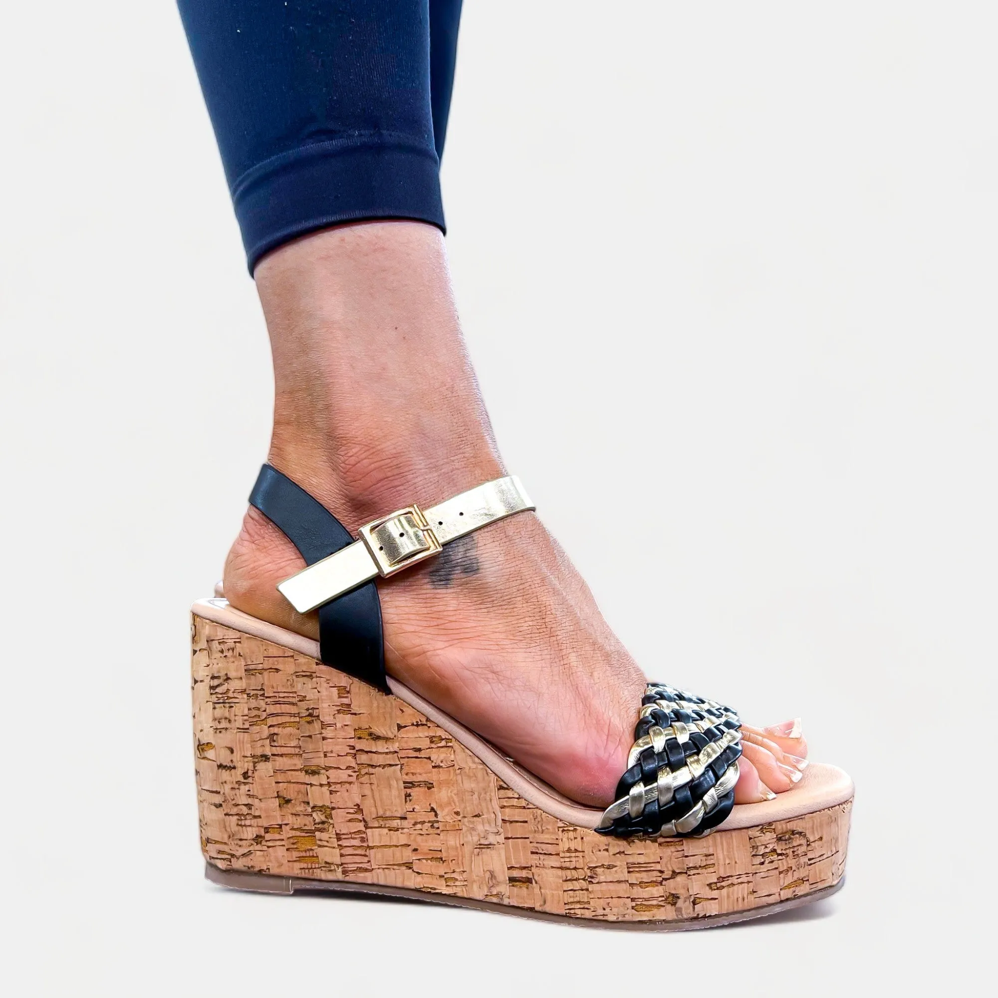 Black & Gold Braided Cork Wedge Sandals