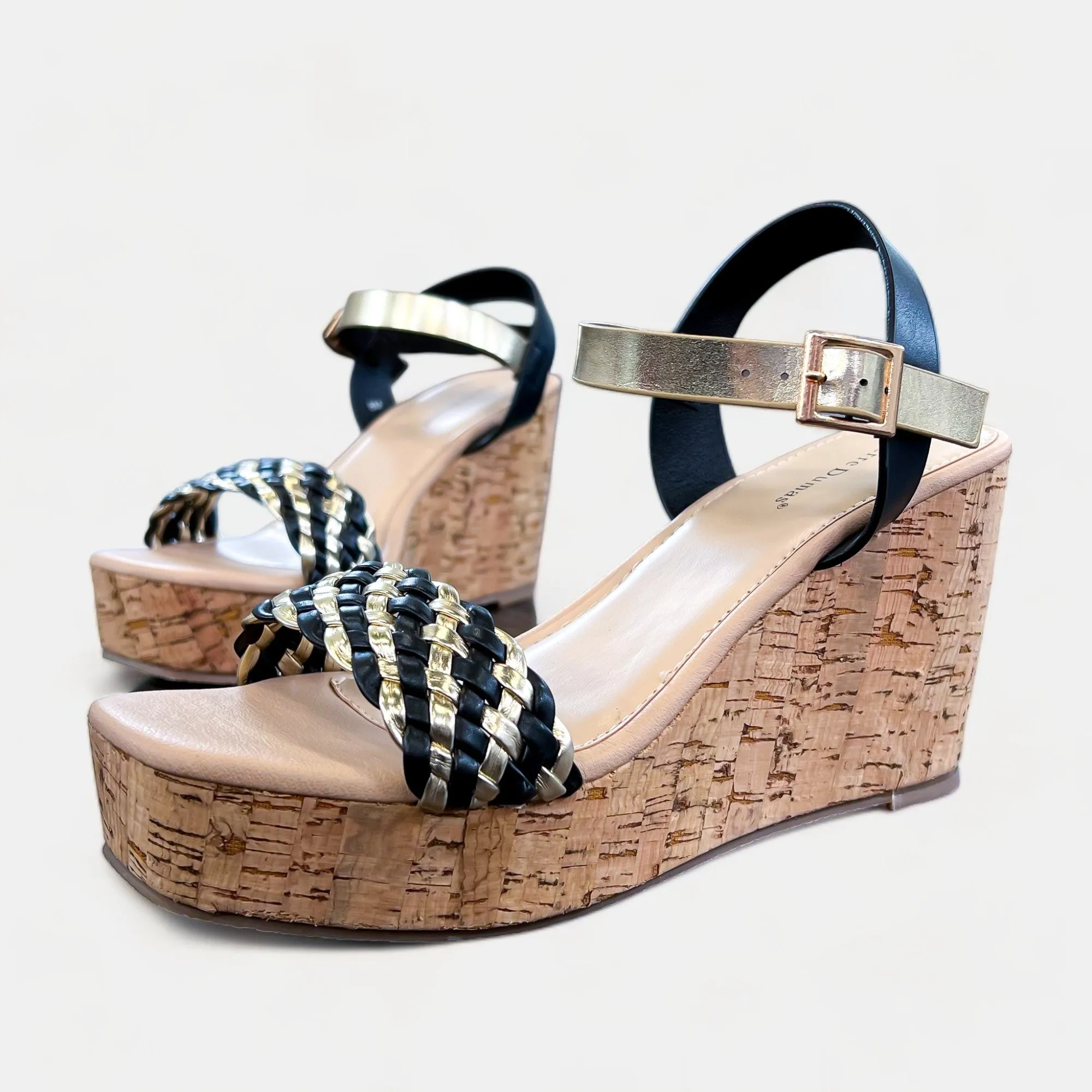 Black & Gold Braided Cork Wedge Sandals