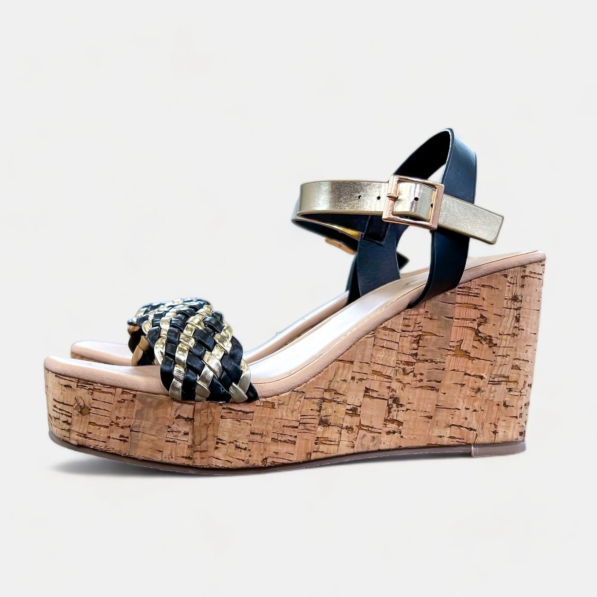 Black & Gold Braided Cork Wedge Sandals