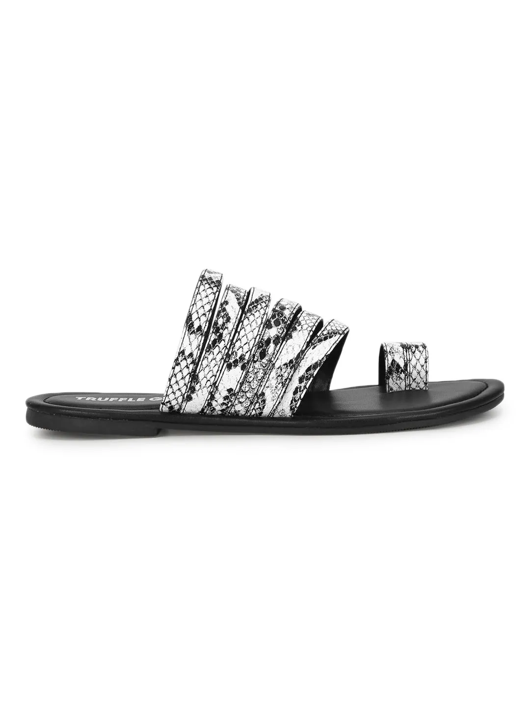 Black & White Snake PU Flat Slip On Sandals