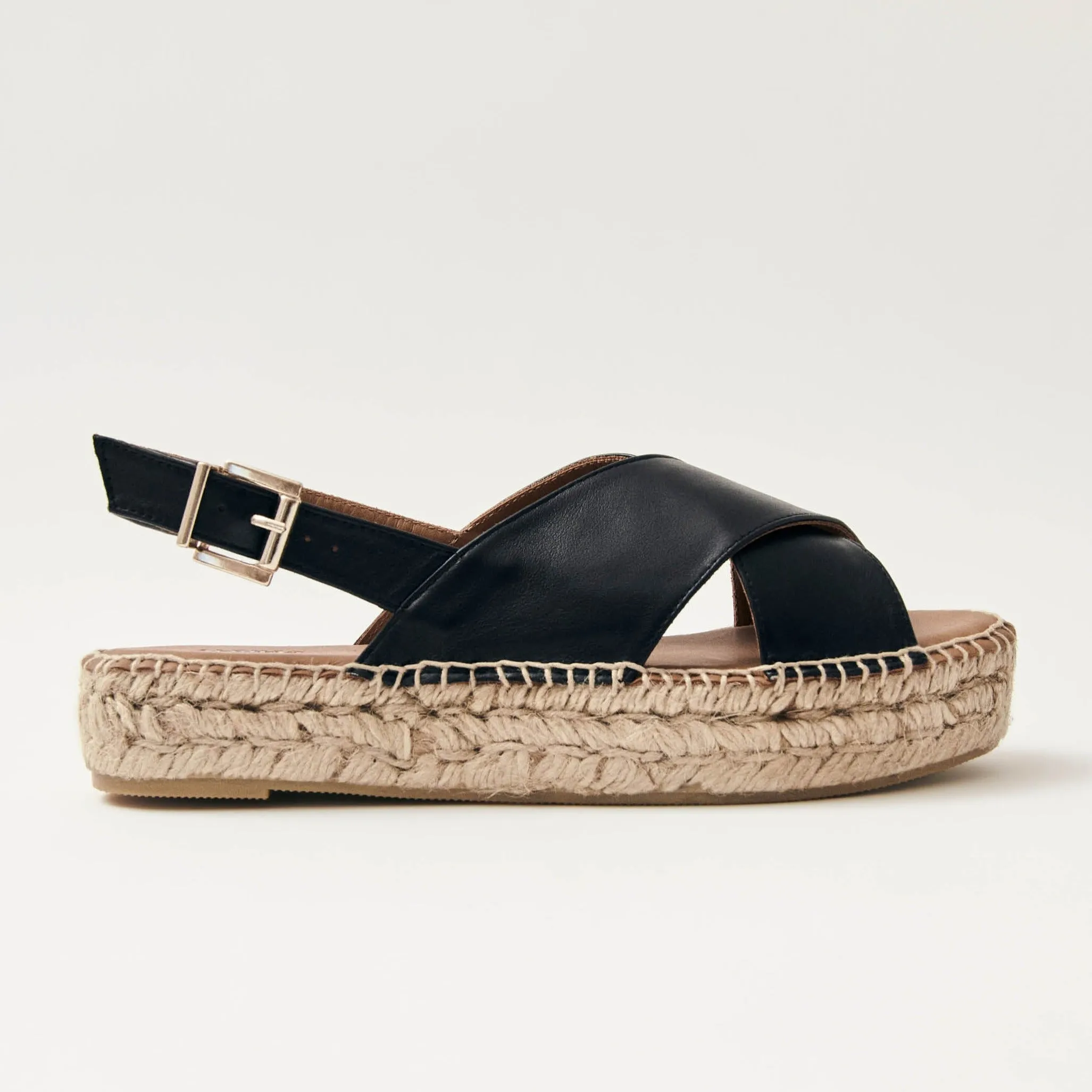 Crossed Black Leather Espadrilles