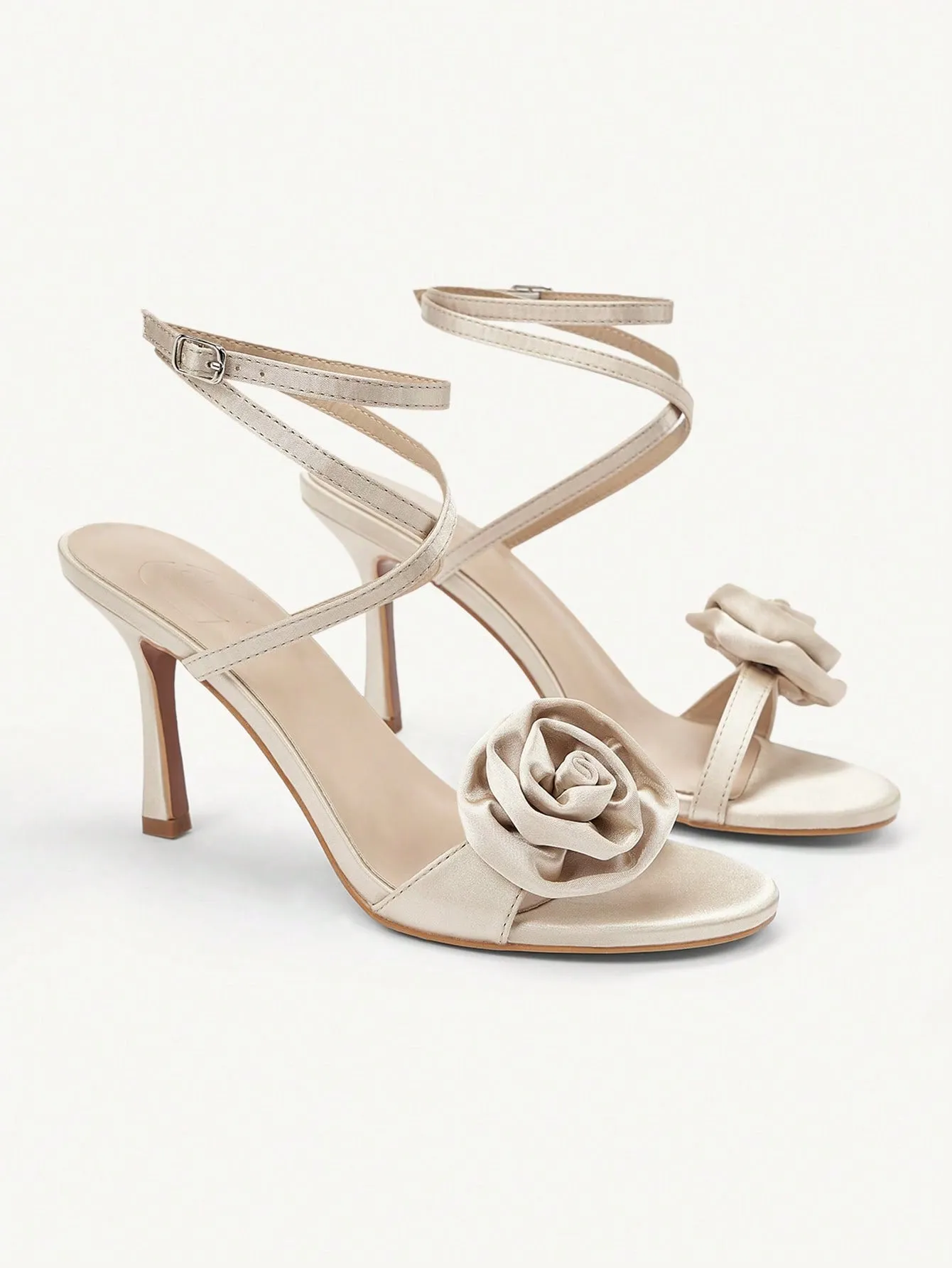 CUCCOO CHICEST Pointed Toe Thin High Heels Apricot Sandals With Rose Flower Decor For Women