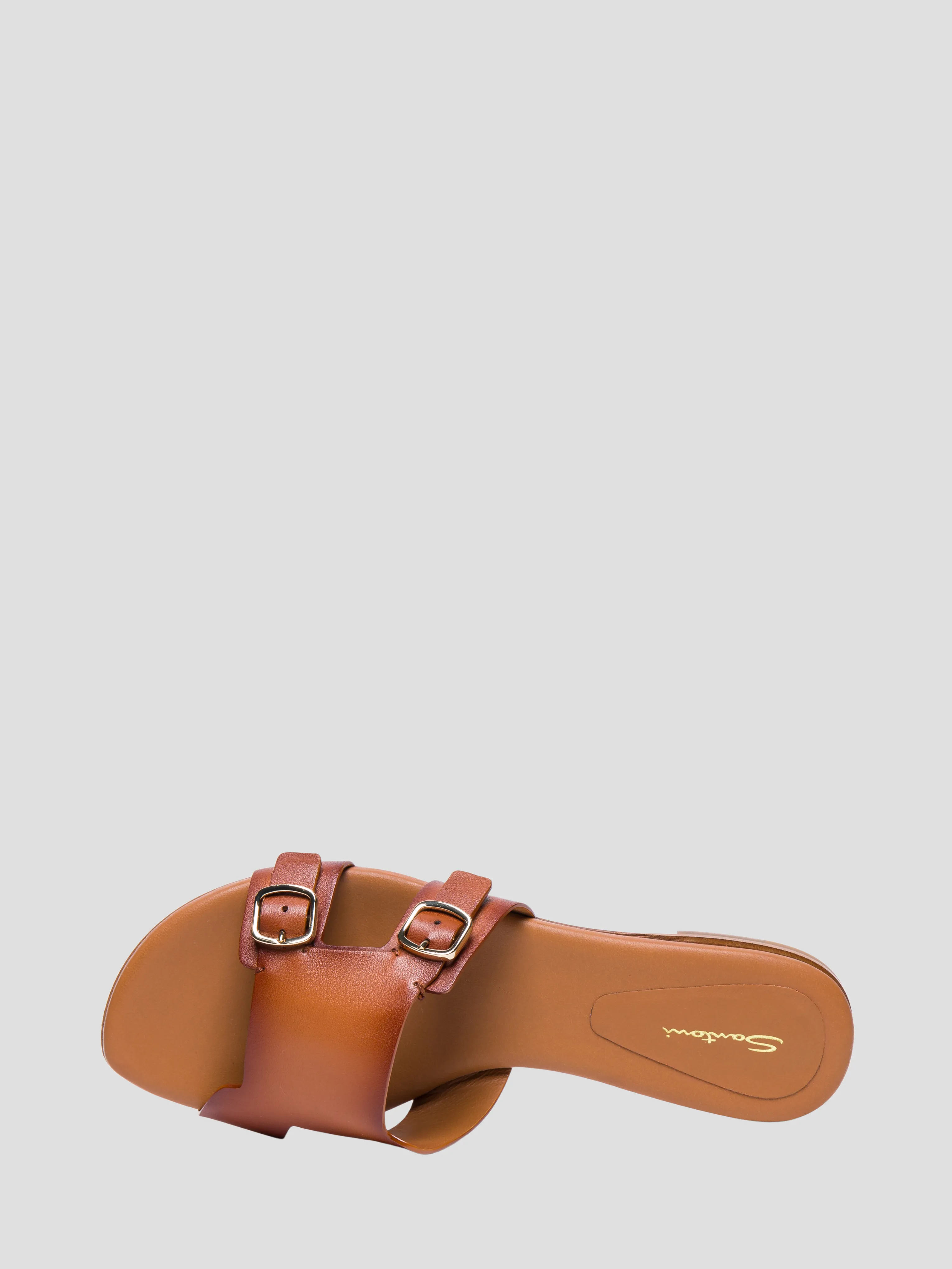 Double Buckle Flat Sandal in Brown