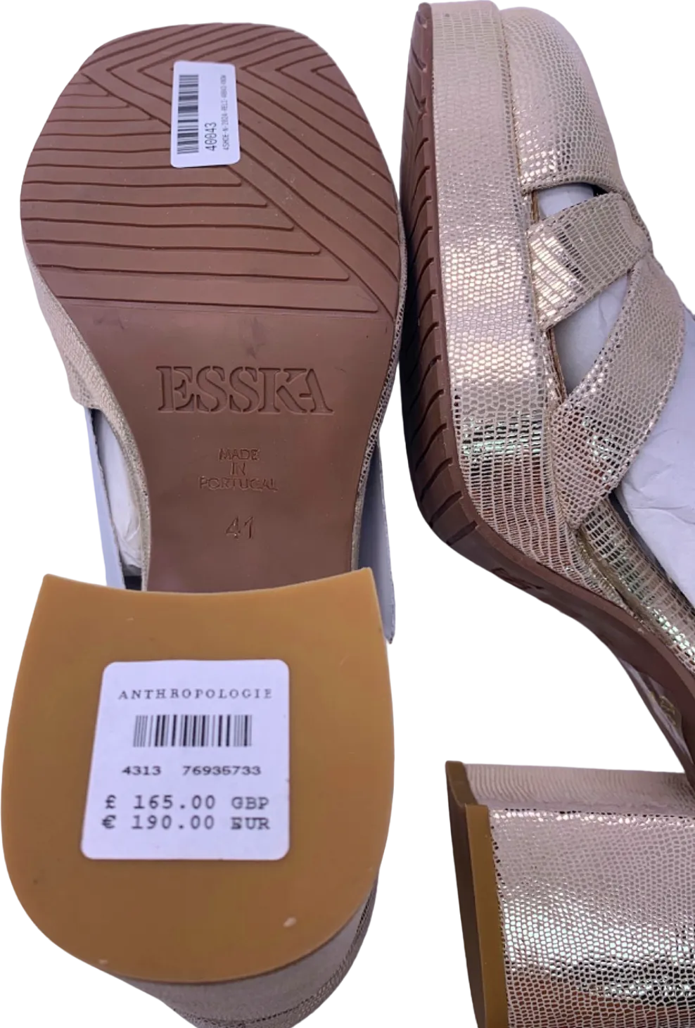 Esska Gold Glitter T-Bar Block Heel Sandals EU 41 UK 8