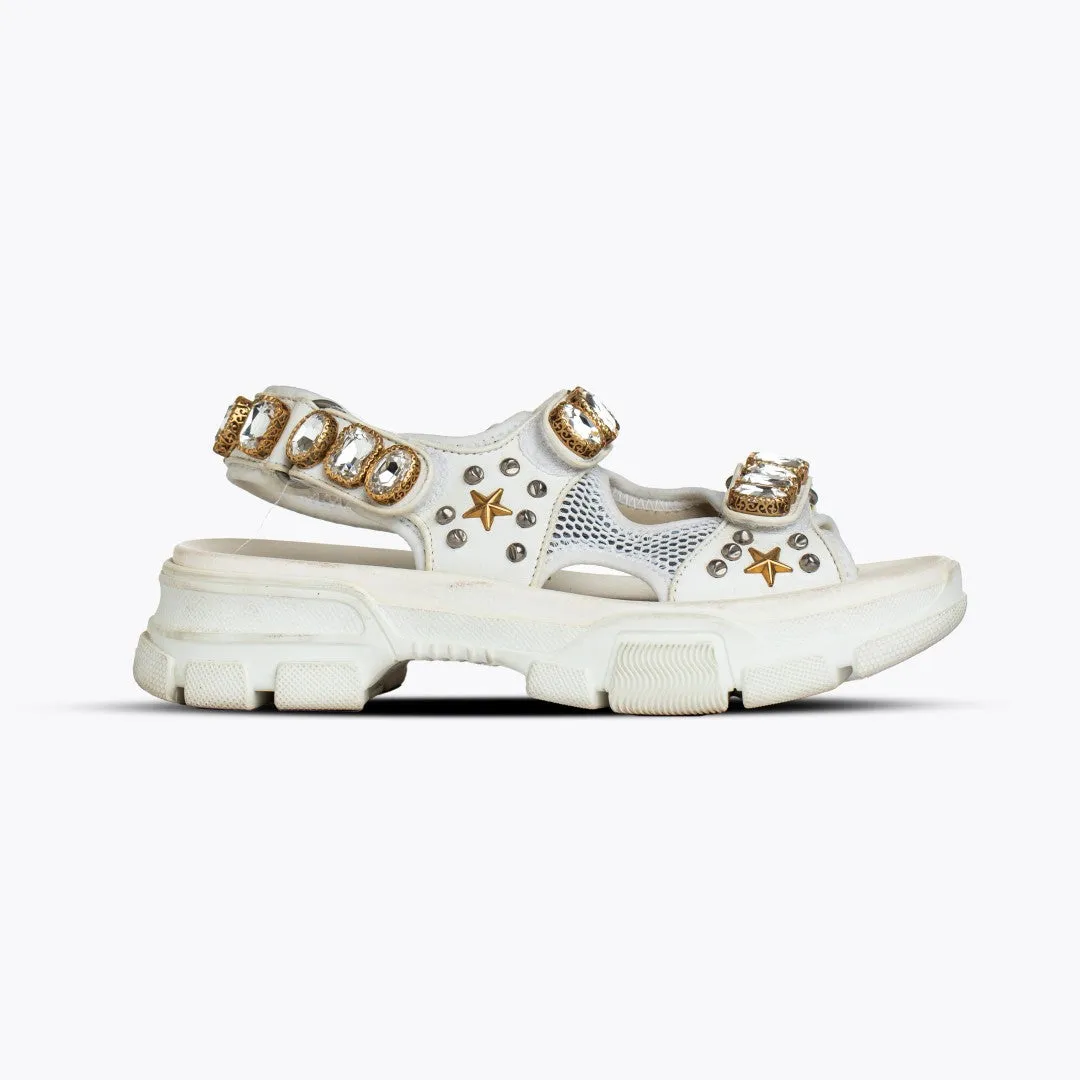 GUCCI PLATFORM LEATHER JEWELED SANDALS