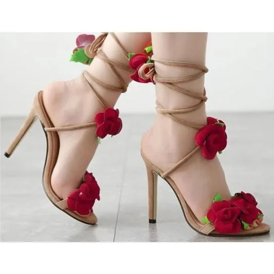 Red Rose Cross Strap Sandals