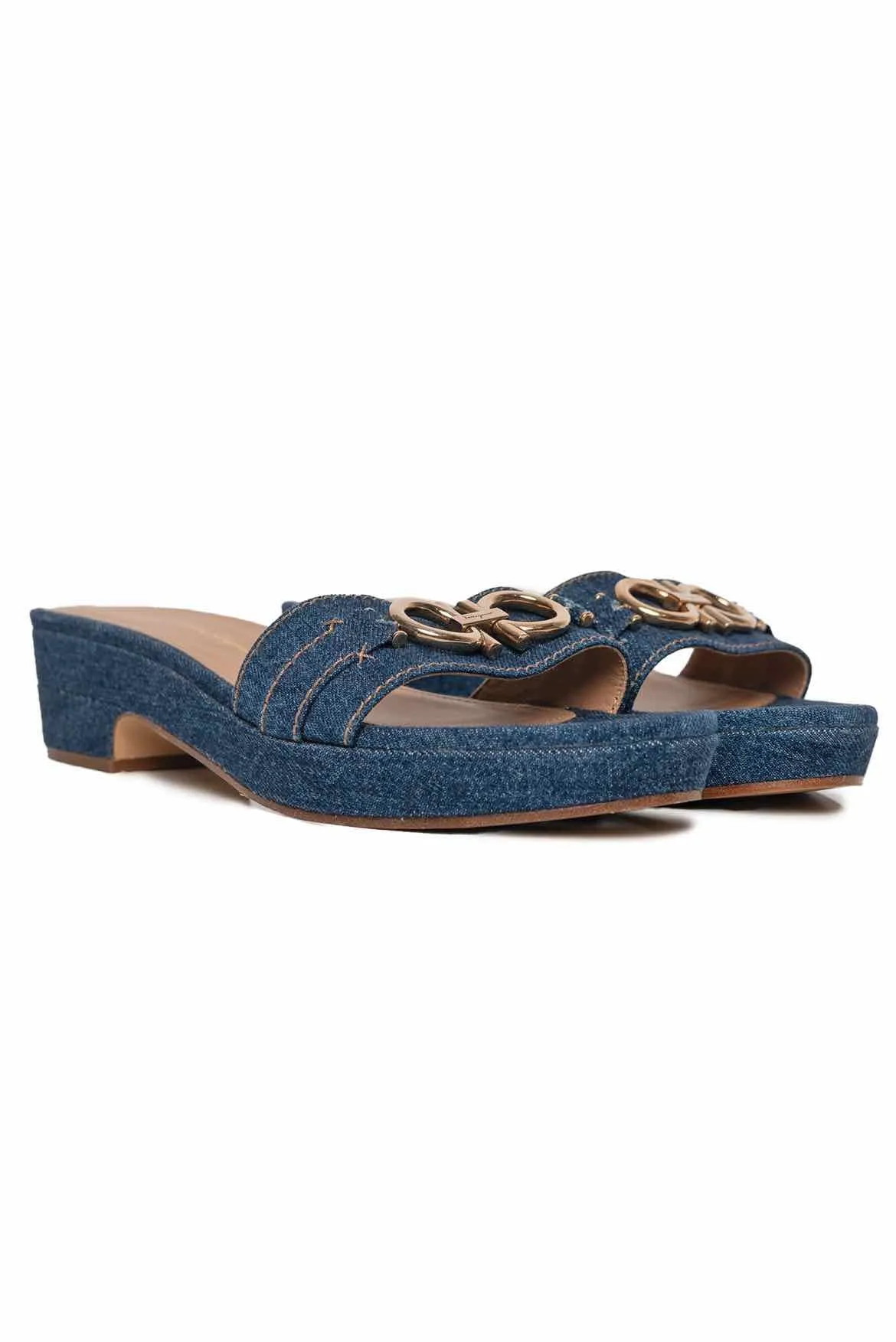 Salvatore Ferragamo Size 10 Gancini Buckle Denim Slide Sandals