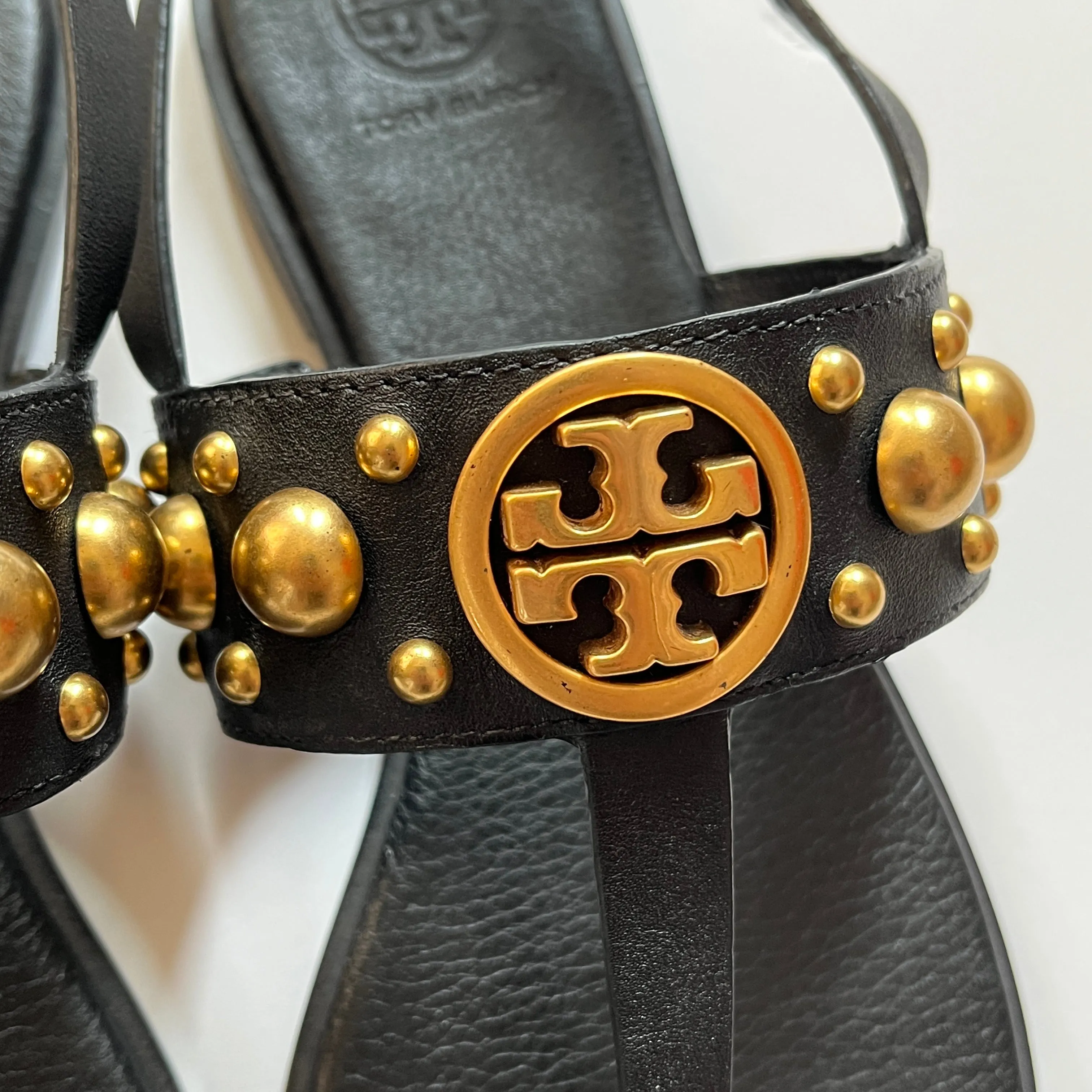 Tory Burch Black & Gold Stud Benton 2 Thong Sandals