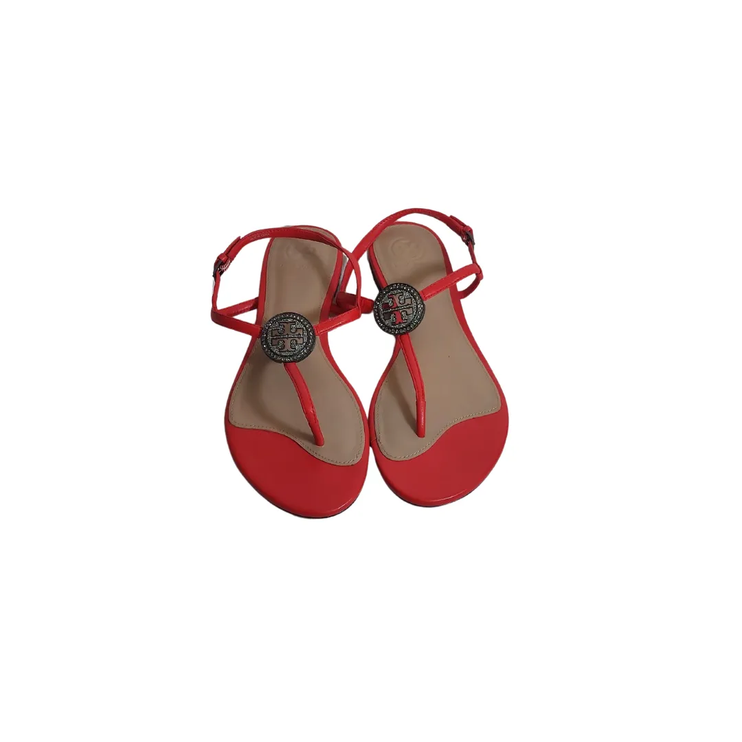 Tory Burch Coral Leather 'Liana' Embellished Thong Sandals | Brand New |